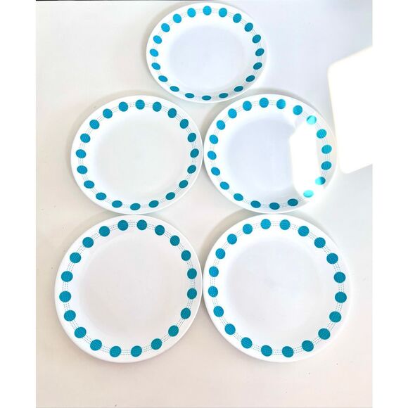 VTG Set of 5 Corelle Dinner Plate SOUTH BEACH Turquoise Blue Dot Dinner 10.25" - Picture 1 of 5